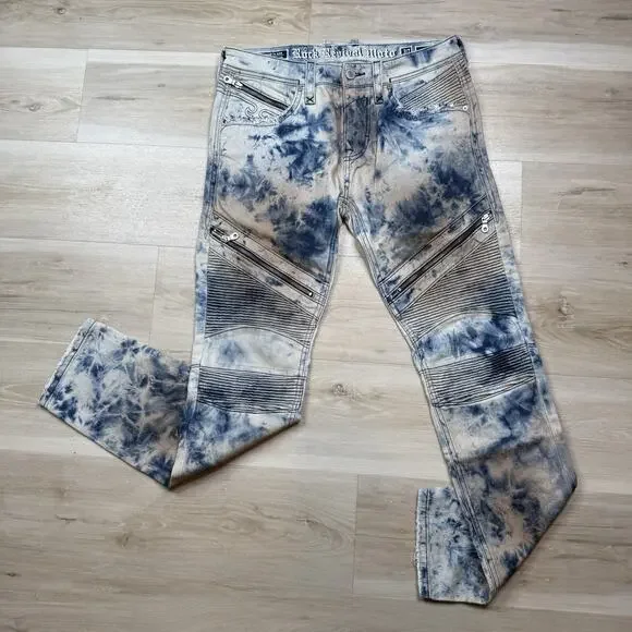 Rock Revival Moto Men's Daviday Jeans Acid Wash Blue - Size 30x32